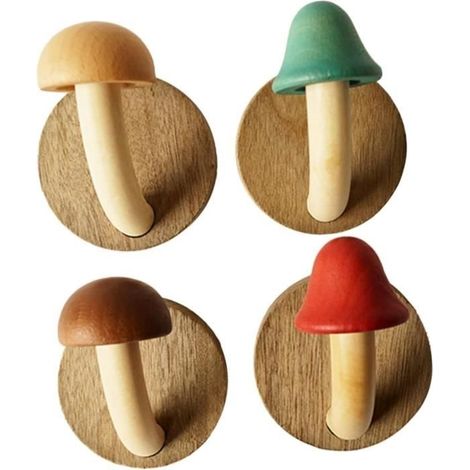 (Come da foto) Ganci da parete in legno – set da 4 – ganci a forma di fungo – per riporre oggetti – legno massello (1/4)