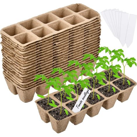 200 macetas de fibra de turba biodegradable de 10 rejillas con 20 etiquetas, macetas cuadradas para germinación y para sembrar semillas. (1/4)
