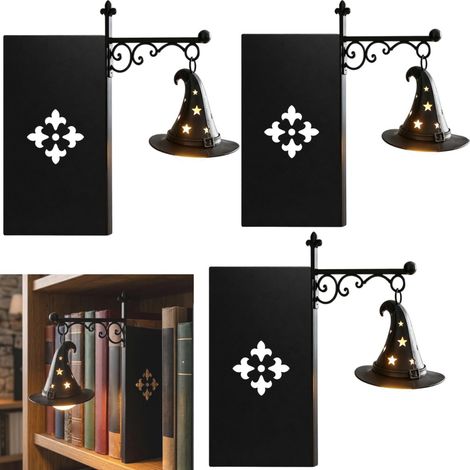 Lot de 3 serre‑livres décoratifs Halloween chapeau de sorcier, lanterne suspendue LED lumière chaude, alimentation piles boutons pour bibliothèque (1/5)