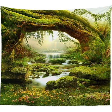 BRAVIX Tapisserie murale - Forêt psychédélique - Lumière du soleil claire - Tenture - Paysage - Jungle bohémienne - Art mural - Décor (200 x 150 CM)