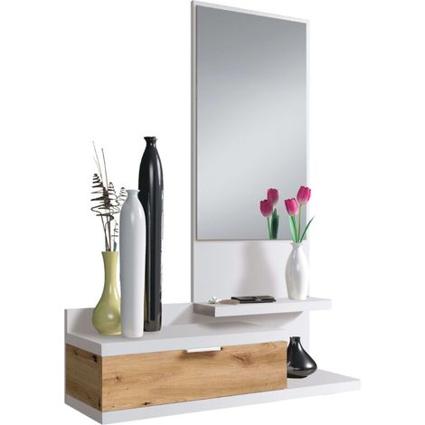 Meuble d'entrée moderne avec miroir et tiroir – Chêne Artik blanc et Nodi – Dimensions 116x81x29 cm – Mélamine résistante aux chocs (1/5)