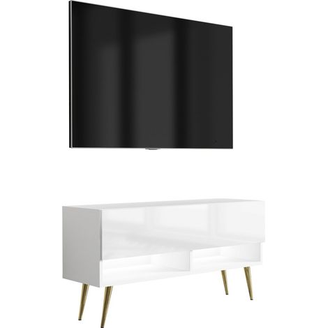 Meuble TV 100 cm Blanc Mat / Blanc Brillant, pieds obliques dorés, LED blanche, 100 × 32 × 52 cm (1/5)