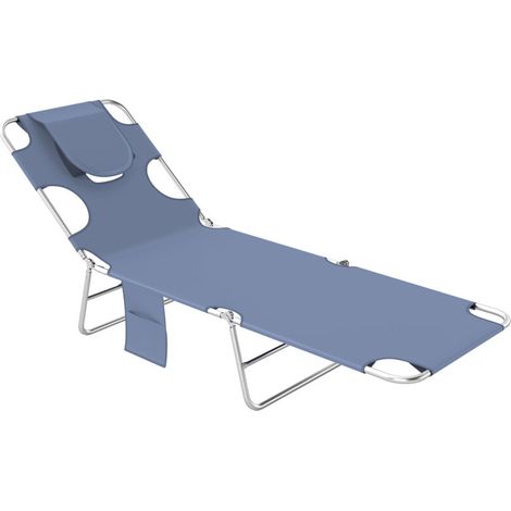 Chaise longue de jardin, transat avec ouverture rembourrée pour le visage, chaise longue de massage d'extérieur, poche latérale, tissu, métal, gris