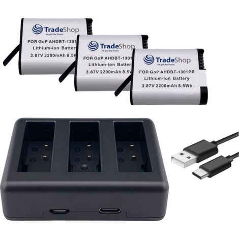 Trade-Shop 4in1 Set: 3x Akku (abgerundete Form) 2200mAh + USB-C LCD Triple Ladegerät für GoPro HERO13 Black, AHDBT-1301, AHDBT-1301PR, CPSS1B (1/5)