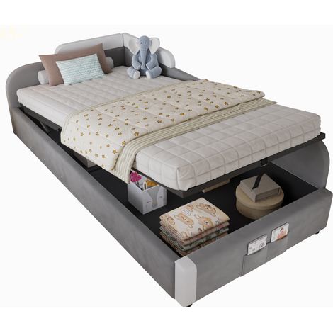 Lit hydraulique avec espace de rangement, barrière souple surélevée, poche de rangement au pied du lit, panneau latéral droit, velours+contreplaqué, gris, 90x200cm (1/5)