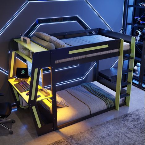 Letto a soppalco gaming 120x200 cm in legno nero-verde con scrivania FloraGrace (1/5)