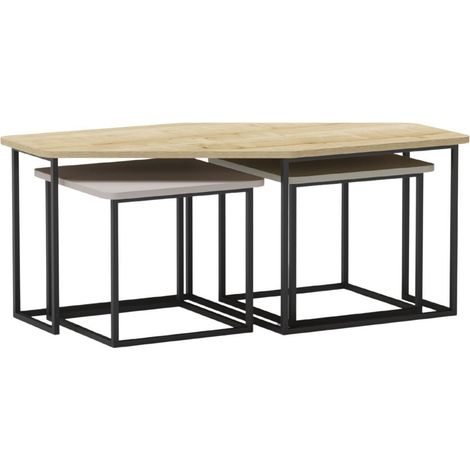 Tables basses gigogne plateaux design aspect bois, beige et vert sauge pieds métal noir - ZORIA (1/5)