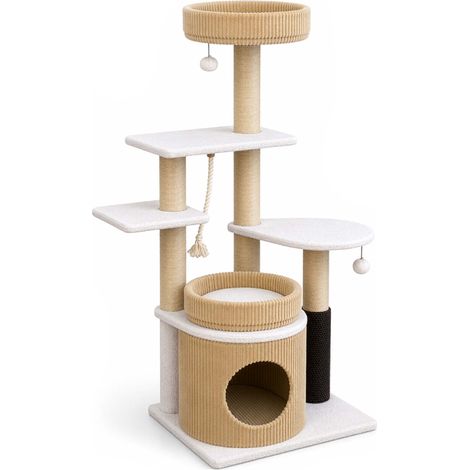 Fudajo Forest Oak 138 cm Kratzbaum beige, Katzenkratzbaum mit Katzenhaus, Katzenbetten und Papierseil-Kratzstämmen, Katzenbaum mit Massageelement (1/5)