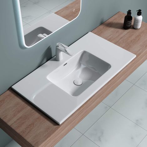 doporro Lavabo da Incasso, Lavabo Sottopiano 90x48x12cm, Lavandino Bagno da Minerale Fuso Colossum02-900, Bianco