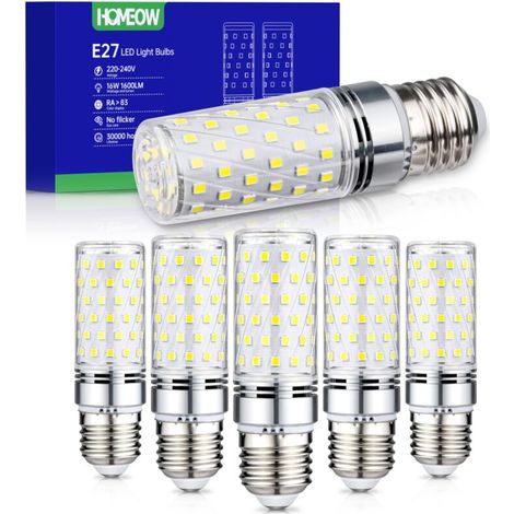 Lot de 6 ampoules LED E27 type maïs, 16 W équivalent à 150 W, blanc froid 6000 K, 1600 lm, économie d'énergie, 220-240 V CA, éclairage intérieur non dimmable