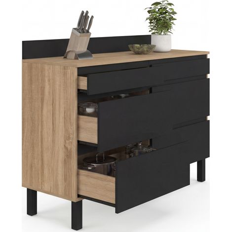 Doppelter Küchenschrank mit Topfablage, 120 cm, Modell CLAUDE, Arbeitsplatte, Höhe 83 cm, 6 Schubladen in Holz und Schwarz (1/5)