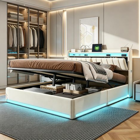 FOERPL-Polsterbett 160 x 200 cm mit Lattenrost, Bett 160 x 200 cm mit Stauraum, LED-Beleuchtung und USB-Anschlüssen, Doppelbett 160 x 200 cm mit Kopfteil und mit Lattenrost Polsterbetten