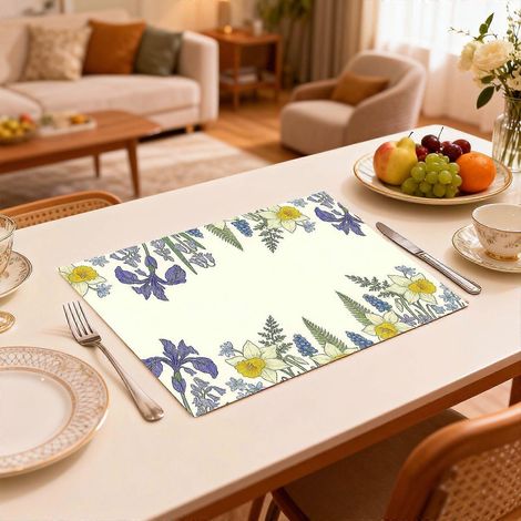 Lot de 4 sets de table/dessous de verre/nappes en lin imprimé à motifs floraux rustiques, parfaits pour les repas de fête, les réunions de famille et autres occasions spéciales. (1/5)