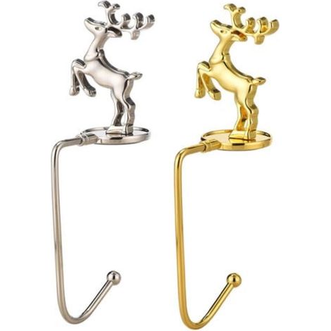 Porta calcetines navideños para árboles de Navidad, ganchos de seguridad para chimeneas y suministros para fiestas navideñas (un reno dorado y plateado) (1/5)