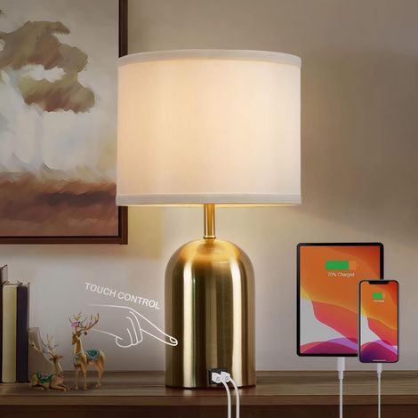 Lampe de Chevet LED Tactile 3 Niveaux USB avec Abat-Jour Tissu, Lampe Décorative Moderne pour Bureau Chambre Salon (1/3)