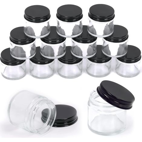 15 Packs - 60ml - 2oz Clear Glass Jars with Black Lids, Assortment Kit, Round Jars, Cosmetic Glass Jars with Lids, Travel Jars, Cosmetic Containers for (1/5)