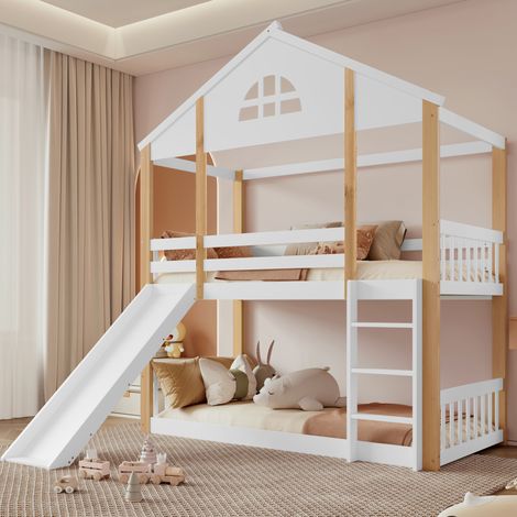 Cama infantil alta con tobogán y escalera blanca OKMYHOME (1/5)