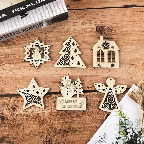Suspension Sapin de Noël en Bois 2 Couches,30pcs Décoration de Noël Artisanat en Bois Avec des Cordes de Chanvre pour Bricolage Arbre de Noël Ornement Pendentif Suspension Bois pour Festival Fête Noël (1/4)