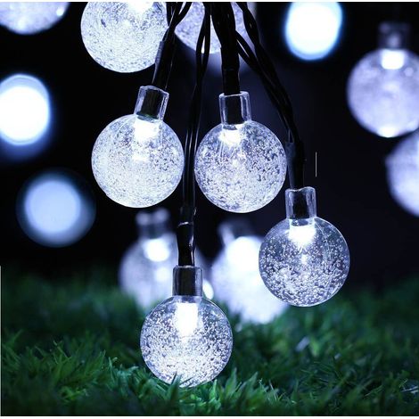 Guirlande Lumineuse Solaire Extérieure 11M 60LEDs Guirlande Lumineuse Solaire Extérieure Boule de Cristal Imperméable 8 Modes Lumières Intérieures pour Jardin Patio Arbre Fête de Mariage (Blanc) (1/4)