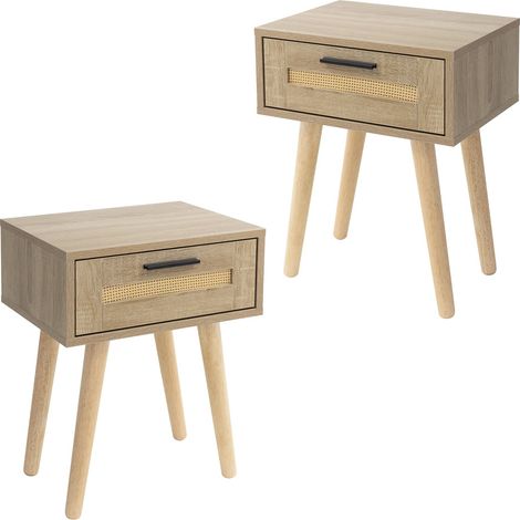 ML-Design Juego de 2x Mesitas de Noche con Cajón 40x50,5x30 cm Mueble Estilo Rústico de Madera aspecto de Roble y Ratán, para Salón, Comedor, Dormitorio, Cajonera Moderna Auxiliar con Patas para Cama