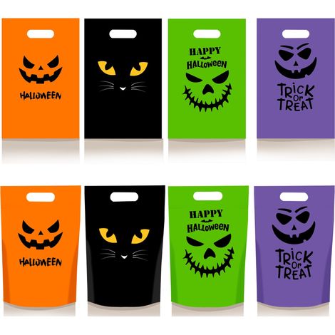 150 sachets à bonbons d'Halloween avec poignées, 4 motifs assortis, réutilisables pour les cadeaux et décorations de fête, orange, noir, vert et violet. (1/5)