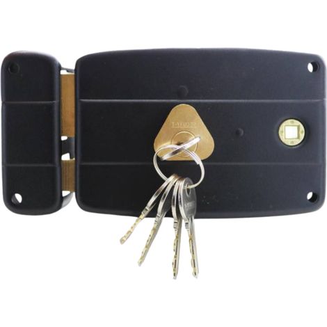 Secury-T – Serrure en applique horizontale noire – Cylindre renforcé 25mm x 50mm – 5 clés en laiton nickelé – Ouverture à gauche