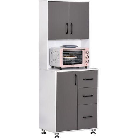 Credenza da cucina, mobile contenitore multiuso con 2 + 1 ante, 3 cassetti + ampio piano superiore, dimensioni 60L x 40W x 160H cm, bicolore grigio e bianco