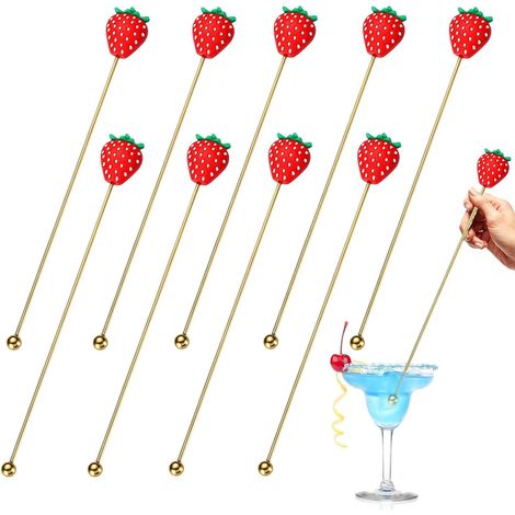 Agitateur à cocktail 10 pièces, bâtonnets à boisson à la fraise, bâtonnets à boisson en métal, agitateurs à café en métal réutilisables, agitateurs à cocktail à la fraise, agitateurs à boisson en (1/5)