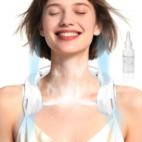 Ventilateur tour de cou avec brumisation, ventilateurs de cou portables qui soufflent de l'air froid, ventilateur personnel pliable sans pale, casque silencieux, USB-C rechargeable à piles (1/5)