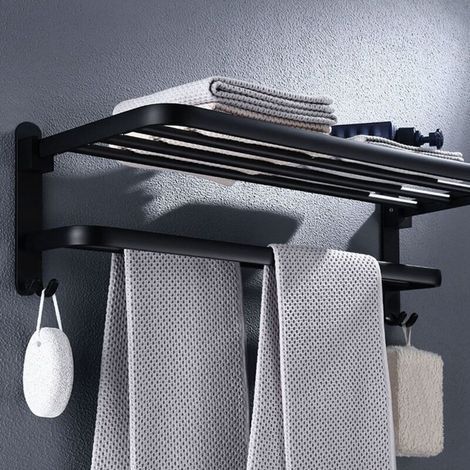 Porte Serviette Salle de Bain Pliable à 90°, Porte Serviettes Murale, Barre Porte-Serviettes sans perçage, Range Serviette à 2 Niveaux avec Etagere, Noir Mat 60cm (1/3)