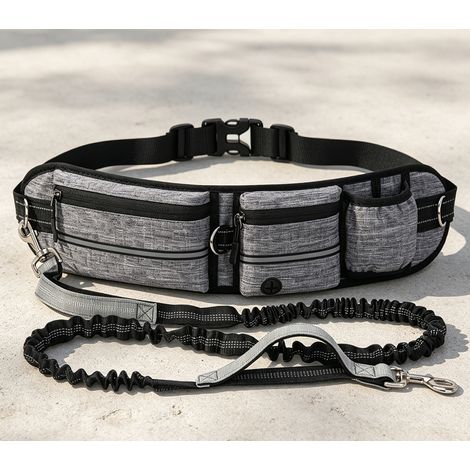 Sac ceinture pour promenade chien gris avec laisse anti‑traction pour grand chien sac à friandises pour course sport et exercice extérieur (1/3)