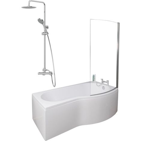 1700mm Bathroom P Shaped Bath Mixer Shower Screen RH White with Front Panel (1/5)
