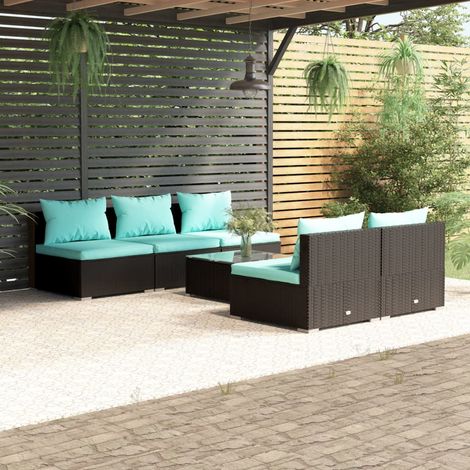 Salon de jardin 6 pcs Ensemble Table et Chaise de Jardin - avec coussins Résine tressée Noir BV806285 - BonneVie (1/5)