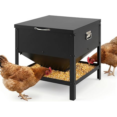 56 L Mangeoire à Poulet en Métal, 47 x 46 x 48,5 cm Distrubuteur de Nourriture en Métal Galvanisé, Couvercle Rabattable, Mangeoire Carrée (1/5)