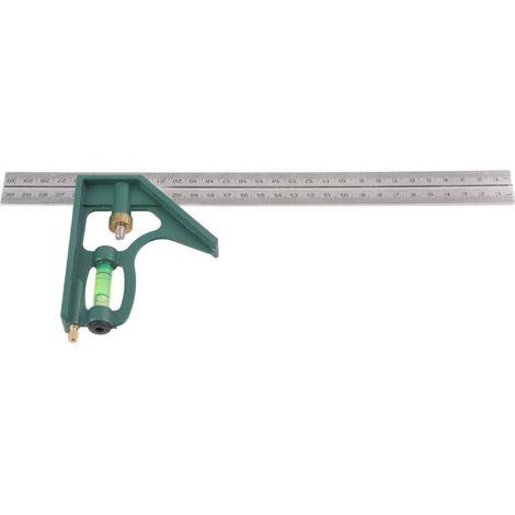Escuadra multifunción de 300 mm con nivel de burbuja, ángulos de 45° y 90°, en aluminio anodizado.