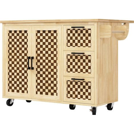 Îlot de cuisine, buffet 120 x 45 (75) x 92 cm, chariot de cuisine extensible sur roulettes, avec porte-serviettes, étagère de porte, deux portes, trois tiroirs, motif damier, veinage bois (1/5)