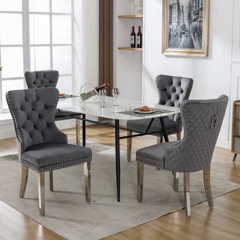 Chaises de salle à manger (Adaptées pour cuisine ou salon Dossiers ornés d'un détail unique en forme d'anneau Lot de 4) — Assises rembourrées avec finition cloutée et pieds en métal Tissu velours (1/5)