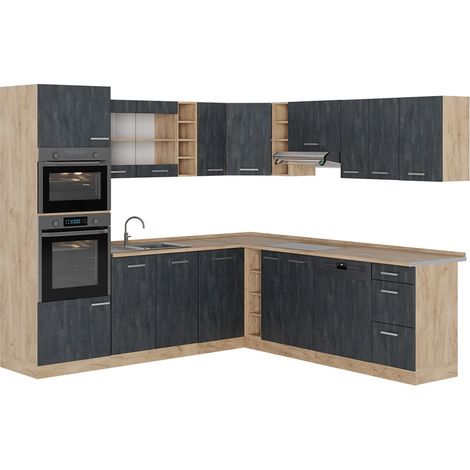 Cuisine en angle R-Line, Béton noir/Chêne de force doré, 247 x 237 cm sans PT, Vicco