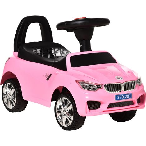 Porteur enfants voiture, véhicule à pousser avec coffre à jouets, klaxon, phares et musique, 63,5 x 28 x 36 cm, rose