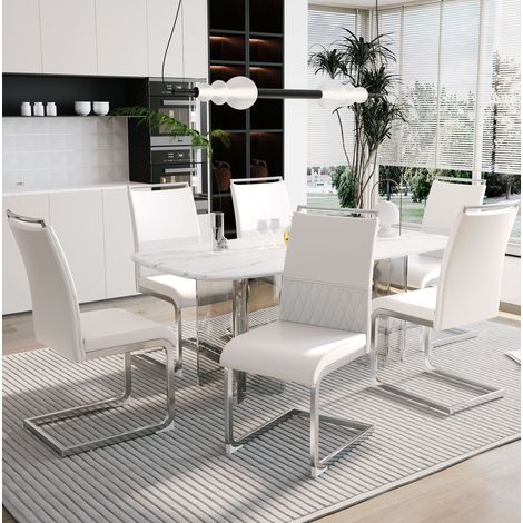 Set di 6 sedie da pranzo con schienale alto in ecopelle e lino, bianco (1/5)