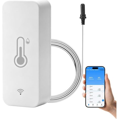 Thermomètre hygromètre Wi-Fi avec sonde, thermomètre de réfrigérateur intelligent avec application Tuya/Smart Life, thermomètre WiFi intérieur extérieur (℉/℃) pour réfrigérateur, congélateur, aquarium (1/5)