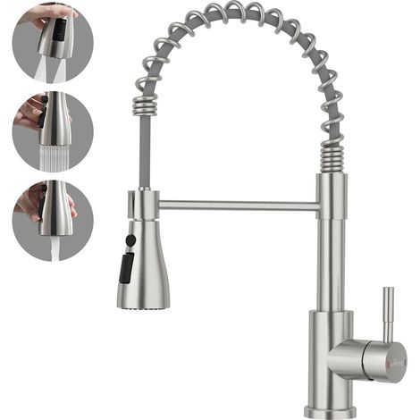 Robinet mitigeur d'évier de cuisine avec pulvérisateur extractible, robinet mitigeur de cuisine pivotant à 360 °, robinet de cuisine commercial à poignée unique avec 2 modes de pulvérisation (1/5)