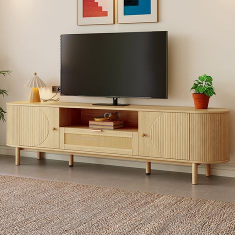 DESMIU Meuble TV 175 cm avec 2 portes 1 tiroir et passe-câbles pour salon en MDF naturel 175 × 36 × 51 cm (1/5)