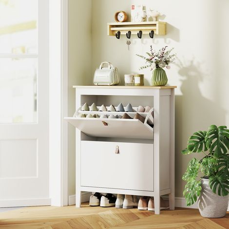 Porte-chaussures étroit 80x24x95,5 cm blanc avec 2 compartiments et poignées en cuir en PU pour couloirs et en et bois