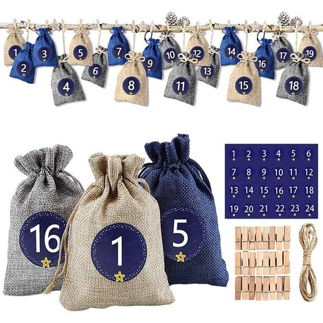 Adventskalender Stoffbeutel - 24 Säckchen 10 x 14 cm - Leinenimitat - Grau Marine Beige - Mit Nummernaufklebern Holzklammern Hanfseil (1/5)