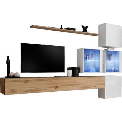 Composizione murale SWITCH XIX – Doppio mobile TV, cubi, cubi vetrati LED e mensola – Rovere Wotan e bianco lucido