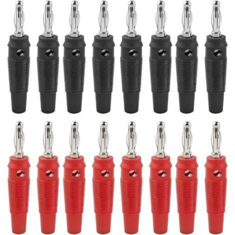 16 fiches bananes, fiche audio de 4 mm pour haut parleur, connecteur pour connecter des haut parleurs HiFi, des amplificateurs, des récepteurs et des systèmes stéréo, disponibles en noir et rouge.