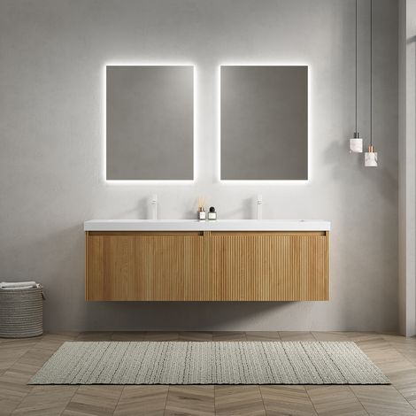Mobile bagno sospeso 140 cm con doppio lavabo in resina bianca e 2 cassetti (1/5)
