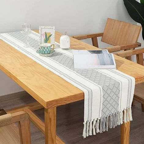 Chemin de Table Boho, chemin de Table rustique de ferme, décorations de Table Vintage marocaines en coton tissé bohème - gris (1/4)