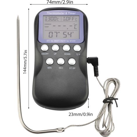 Thermomètre Alimentaire Digital Cuit Barbecue Bœuf Grill Oven Probe avec Alarme Timer ABS LCD Grand Écran Stainless Steel Fil Tressé (1/5)